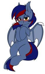 Size: 2359x3800 | Tagged: safe, artist:rileyisherehide, imported from twibooru, oc, oc only, unnamed oc, bat pony, pony, bat pony oc, bat wings, blushing, eyeshadow, female, lidded eyes, makeup, mare, paywalled source, raised hoof, raised hooves, simple background, smiling at you, solo, white background, wings