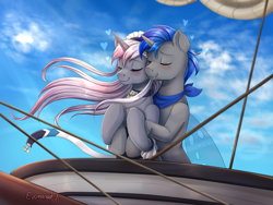 Size: 2200x1650 | Tagged: safe, artist:evomanaphy, imported from twibooru, oc, oc only, unnamed oc, changeling, pony, bandana, blue sky, blushing, couple, duo, eyes closed, female, hug, male, mare, outdoors, paywalled source, ship, shipping, transparent wings, wings