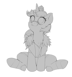 Size: 2156x2300 | Tagged: safe, artist:evomanaphy, imported from twibooru, oc, oc only, unnamed oc, pony, unicorn, chest fluff, clothes, cupcake, cute, female, food, mare, monochrome, ocbetes, paywalled source, simple background, sitting, socks, solo, white background