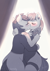 Size: 1896x2670 | Tagged: safe, artist:evomanaphy, imported from twibooru, oc, oc only, earth pony, pony, semi-anthro, unicorn, blushing, bottomless, clothes, collar, dress, duo, ear piercing, earring, eyes closed, female, hug, jewelry, kissing, male, partial nudity, paywalled source, piercing, scar, spotlight, stallion, straight, suit