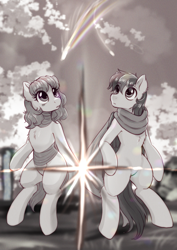 Size: 1412x2000 | Tagged: safe, artist:evomanaphy, imported from twibooru, comet tail, earth pony, pony, semi-anthro, cloud, duo, female, kimi no na wa, male, mare, monochrome, outdoors, paywalled source, stallion