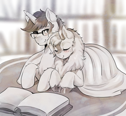 Size: 2678x2458 | Tagged: safe, artist:evomanaphy, imported from twibooru, oc, oc only, kirin, pony, unicorn, blanket, blushing, book, cuddling, cute, duo, eyes closed, female, glasses, kirin oc, library, male, mare, monochrome, ocbetes, paywalled source