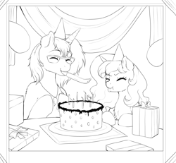 Size: 2300x2121 | Tagged: safe, artist:evomanaphy, imported from twibooru, pony, unicorn, birthday, birthday cake, cake, duo, female, food, glasses, hat, lineart, male, mare, party hat, photo, present, smiling, stallion, streamers, table