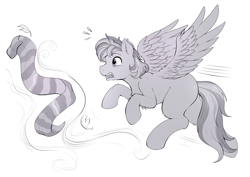 Size: 2700x1909 | Tagged: safe, artist:evomanaphy, imported from twibooru, pegasus, pony, clothes, flying, male, nudity, panic, paywalled source, scarf, simple background, solo, stallion, white background, wind