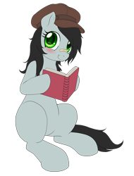 Size: 2300x3032 | Tagged: safe, artist:evomanaphy, imported from twibooru, oc, oc:mia, earth pony, pony, bandaid, blushing, book, female, hat, mare, paywalled source, simple background, sitting, smiling at you, solo, transparent background, wip