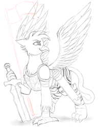 Size: 2400x3100 | Tagged: safe, artist:evomanaphy, imported from twibooru, oc, oc only, oc:prince vahrion, griffon, hybrid, pony, armor, clothes, commission, fantasy class, flag, german, knight, looking at something, male, paywalled source, pole, prince, simple background, sketch, solo, sword, transparent background, warrior, weapon, white background, white tiger, wip