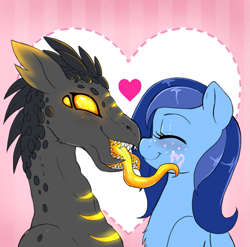 Size: 1565x1544 | Tagged: safe, artist:evomanaphy, imported from twibooru, oc, oc only, oc:stardust, ghost, original species, pony, undead, blushing, eyes closed, female, heart, interspecies love, licking, mare, paywalled source, smiling, tongue out