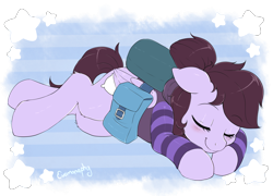 Size: 2296x1654 | Tagged: safe, artist:evomanaphy, imported from twibooru, oc, oc only, oc:pillow case, pegasus, pony, bag, blushing, clothes, cute, eyes closed, female, mare, ocbetes, paywalled source, saddle bag, side, simple background, sleeping, smiling, solo, transparent background