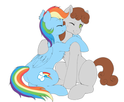 Size: 2700x2238 | Tagged: safe, artist:evomanaphy, imported from twibooru, rainbow dash, oc, oc:dreamer, earth pony, pegasus, pony, blushing, canon x oc, chest fluff, commission, cute, dashabetes, eyes closed, female, happy, hug, male, nuzzling, ocbetes, paywalled source, rainmer, shipping, simple background, smiling, straight, transparent background, wip