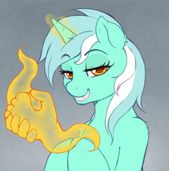 Size: 892x903 | Tagged: safe, artist:evomanaphy, imported from twibooru, lyra heartstrings, human, pony, unicorn, chest fluff, eyebrow wiggle, female, glowing horn, hand, hooves together, horn, jew, jewnicorn, le happy merchant, lidded eyes, looking at you, magic, magic hands, mare, smiling, solo