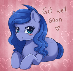 Size: 961x934 | Tagged: safe, artist:evomanaphy, imported from twibooru, oc, oc only, oc:shadow blue, earth pony, pony, abstract background, earth pony oc, female, heart, looking at you, mare, paywalled source, prone, smiling at you, solo