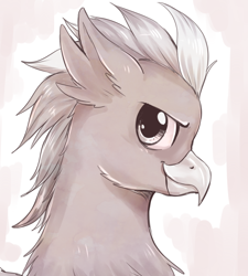 Size: 1332x1479 | Tagged: safe, artist:evomanaphy, imported from twibooru, oc, oc only, griffon, abstract background, griffon oc, head shot, looking at you, paywalled source, smiling