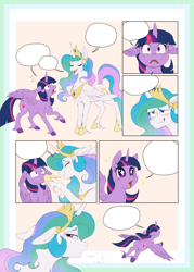 Size: 2598x3626 | Tagged: safe, artist:evomanaphy, imported from twibooru, princess celestia, twilight sparkle, alicorn, boop, chest fluff, comic, eyes closed, flying, grin, jewelry, lineart, nervous, nervous grin, open mouth, paywalled source, regalia, relief, smiling, speech bubble, spread wings, starry eyes, surprised, sweat, unshorn fetlocks, wingboner, wingding eyes, wings