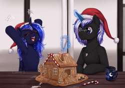 Size: 1745x1229 | Tagged: safe, artist:evomanaphy, imported from twibooru, gingerbread, princess luna, oc, alicorn, pony, unicorn, blushing, candy, candy cane, christmas, cute, father and child, father and daughter, female, food, frosting, glasses, hat, holiday, indoors, magic, male, mare, mug, ocbetes, open mouth, paywalled source, smiling, stallion, table