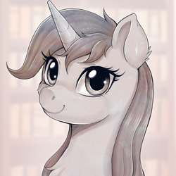 Size: 1000x1000 | Tagged: safe, artist:evomanaphy, imported from twibooru, oc, oc only, pony, unicorn, abstract background, female, head shot, horn, looking at you, mare, paywalled source, smiling, solo, unicorn oc