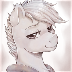 Size: 1000x1000 | Tagged: safe, artist:evomanaphy, imported from twibooru, oc, oc only, pony, abstract background, bedroom eyes, head shot, looking at you, male, monochrome, paywalled source, smiling, smug, solo, stallion