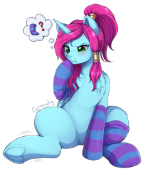 Size: 1400x1600 | Tagged: safe, artist:evomanaphy, imported from twibooru, oc, oc only, alicorn, pony, alicorn oc, blushing, clothes, cute, female, frown, horn, mare, ocbetes, paywalled source, scrunchy face, simple background, socks, solo, thought bubble, transparent background, underhoof, wings