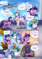 Size: 1200x1675 | Tagged: safe, artist:evomanaphy, artist:stepandy, imported from twibooru, princess celestia, twilight sparkle, alicorn, comic:roped into trouble, boop, chest fluff, comic, dialogue, eyes closed, flying, grin, jewelry, lineart, nervous, nervous grin, open mouth, paywalled source, regalia, relief, smiling, speech bubble, surprised, sweat, unshorn fetlocks, wings