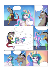 Size: 2866x4000 | Tagged: safe, artist:evomanaphy, imported from twibooru, discord, princess celestia, alicorn, balcony, blushing, chest fluff, comic, dislestia, female, floppy ears, male, open mouth, paywalled source, shipping, simple background, sitting, smiling, sneer, speech bubble, straight, sweat, talking, white background, wip