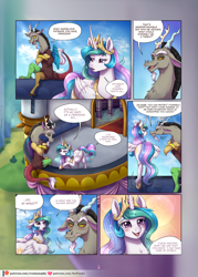Size: 1200x1675 | Tagged: safe, artist:evomanaphy, artist:stepandy, imported from twibooru, discord, princess celestia, alicorn, comic:roped into trouble, balcony, blushing, chest fluff, comic, dislestia, female, floppy ears, lineart, male, open mouth, paywalled source, shipping, simple background, sitting, smiling, sneer, speech bubble, straight, sweat, talking, white background, wip