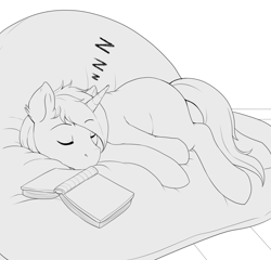 Size: 2000x1916 | Tagged: safe, artist:evomanaphy, imported from twibooru, oc, oc only, oc:night rain, pony, unicorn, book, couch, eyes closed, freckles, lineart, male, monochrome, onomatopoeia, paywalled source, sleeping, solo, sound effects, stallion, wip, zzz