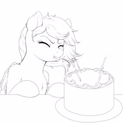 Size: 2300x2300 | Tagged: safe, artist:evomanaphy, imported from twibooru, oc, oc only, pegasus, pony, birthday cake, cake, candle, chest fluff, cute, determined, eyes closed, female, food, lineart, mare, ocbetes, paywalled source, pbbtt, simple background, solo, spitting, white background