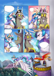 Size: 2866x4000 | Tagged: safe, artist:evomanaphy, imported from twibooru, discord, philomena, princess celestia, alicorn, pony, blushing, dislestia, eyes closed, female, fidgeting, flying, frown, heart, jewelry, kissing, lineart, male, mare, open mouth, paywalled source, regalia, shipping, simple background, sitting, smiling, speech bubble, straight, surprised, sweat, white background, wip