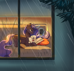 Size: 3000x2870 | Tagged: safe, artist:evomanaphy, imported from twibooru, oc, oc only, oc:midnight, alicorn, cat, pony, alicorn oc, book, couch, horn, lidded eyes, not luna, parent:princess luna, paywalled source, rain, smiling, solo, window, wings, wip