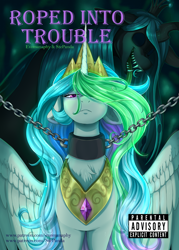 Size: 2866x4000 | Tagged: safe, artist:evomanaphy, artist:stepandy, imported from twibooru, princess celestia, queen chrysalis, alicorn, changeling, changeling queen, pony, comic:roped into trouble, chained, chains, cover art, creepy, creepy smile, duo, female, floppy ears, frown, lineart, mare, paywalled source, simple background, smiling, standing, teeth, tongue out, white background, wings