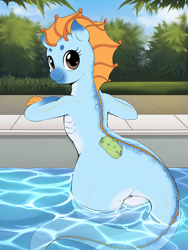 Size: 1875x2500 | Tagged: safe, artist:evomanaphy, imported from twibooru, oc, oc only, oc:nautica, merpony, pony, semi-anthro, female, mare, paywalled source, poolside, sea cucumber, swimming pool, wip