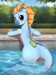 Size: 1875x2500 | Tagged: safe, artist:evomanaphy, imported from twibooru, oc, oc only, oc:nautica, merpony, pony, semi-anthro, female, mare, paywalled source, poolside, sea cucumber, wip