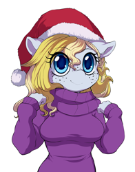 Size: 1344x1716 | Tagged: safe, artist:evomanaphy, imported from twibooru, oc, oc only, oc:evo, anthro, earth pony, anime eyes, anthro oc, big breasts, blonde, blushing, breasts, chibi, christmas, christmas sweater, clothes, cute, eye clipping through hair, female, freckles, hat, holiday, image, paywalled source, png, santa hat, scarf, simple background, solo, sweater, sweater puppies, white background, wip