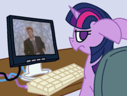 Size: 800x600 | Tagged: safe, artist:skookz, imported from twibooru, twilight sparkle, human, pony, unicorn, angry, animated, chair, computer, desk, female, floppy ears, gif, keyboard, looking back, mare, monitor, rick astley, rickroll, sitting, solo, wires