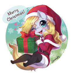 Size: 2413x2479 | Tagged: safe, artist:evomanaphy, imported from twibooru, oc, oc only, oc:evo, anthro, earth pony, blushing, christmas, clothes, costume, earth pony oc, hat, heart, holiday, one eye closed, open mouth, paywalled source, present, santa costume, santa hat, smiling at you, socks, stockings, text, thigh highs