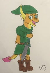 Size: 411x600 | Tagged: safe, artist:whistle blossom, imported from twibooru, smolder, dragon, series:the legend of celestia, boots, clothes, cosplay, costume, crossover, dragoness, elf hat, female, hat, link, link's hat, link's tunic, looking at you, nintendo, open mouth, shoes, signature, simple background, solo, standing, teenaged dragon, teenager, the legend of zelda, traditional art, white background