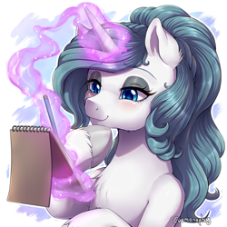 Size: 2000x2000 | Tagged: safe, artist:evomanaphy, imported from twibooru, oc, oc only, oc:silk lace, unicorn, abstract background, blushing, drawing, eyeshadow, horn, magic, makeup, paper, paywalled source, pencil, raised hoof, sketchbook, solo, telekinesis, unicorn oc