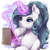 Size: 2000x2000 | Tagged: safe, artist:evomanaphy, imported from twibooru, paywalled source, oc, oc only, oc:silk lace, unicorn, abstract background, blushing, drawing, eyeshadow, horn, magic, makeup, paper, pencil, raised hoof, sketchbook, solo, telekinesis, unicorn oc