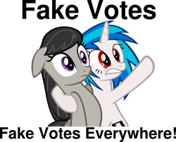 Size: 1999x1611 | Tagged: safe, artist:thatsgrotesque, imported from twibooru, dj pon-3, octavia melody, vinyl scratch, earth pony, pony, unicorn, bipedal, duo, fake, female, floppy ears, hooves, horn, mare, simple background, teeth, transparent background, twibooru exclusive, vote, votes, x x everywhere