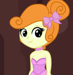 Size: 622x636 | Tagged: safe, anonymous editor, edit, edited screencap, imported from twibooru, screencap, scribble dee, equestria girls, equestria girls series, five lines you need to stand in, spoiler:eqg series (season 2), alternate hairstyle, bow, choker, clothes edit, cropped, female, hair bow, no iris, solo