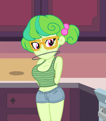 Size: 947x1074 | Tagged: safe, anonymous editor, edit, edited screencap, imported from twibooru, screencap, stella sprinkles, equestria girls, equestria girls series, tip toppings, spoiler:eqg series (season 2), barrette, belly button, braces, clothes, clothes edit, female, glasses, looking at you, orthodontic headgear, shorts, solo, tanktop