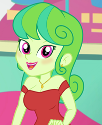Size: 832x1014 | Tagged: safe, anonymous editor, edit, edited screencap, imported from twibooru, screencap, stella sprinkles, equestria girls, equestria girls series, tip toppings, spoiler:eqg series (season 2), alternate hairstyle, blushing, clothes, clothes edit, dress, ear piercing, earring, female, jewelry, lipstick, looking at you, makeup, necklace, open mouth, piercing