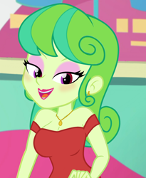 Size: 832x1014 | Tagged: safe, anonymous editor, edit, edited screencap, imported from twibooru, screencap, stella sprinkles, equestria girls, equestria girls series, tip toppings, spoiler:eqg series (season 2), alternate hairstyle, blushing, clothes, clothes edit, dress, ear piercing, earring, female, jewelry, lidded eyes, lipstick, looking at you, makeup, necklace, open mouth, piercing