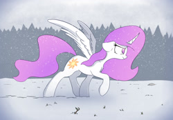 Size: 1920x1337 | Tagged: safe, artist:anonymous, imported from twibooru, princess celestia, alicorn, pony, chest fluff, determined, female, mare, missing accessory, pink-mane celestia, raised hoof, snow, snow storm, solo, spread wings, walking, wings, younger