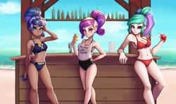 Size: 1159x689 | Tagged: safe, artist:the-park, imported from twibooru, princess cadance, princess celestia, princess luna, human, alcohol, alternate hairstyle, bar, beach, beer, belly button, bikini, bottle, clothes, daiquiri, drink, female, frozen daiquiri, hand on hip, humanized, looking at you, midriff, ocean, pepsi, ponytail, shorts, siblings, sisters, smiling, soda, straw, swimsuit, tanktop