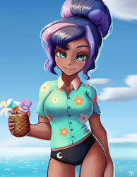 Size: 777x1000 | Tagged: safe, artist:the-park, imported from twibooru, princess luna, human, alternate hairstyle, bikini, bikini bottom, clothes, drink, female, hawaiian shirt, humanized, looking at you, ocean, shirt, smiling, solo, swimsuit