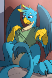 Size: 1600x2400 | Tagged: safe, artist:acesential, artist:tf-sential, imported from ponybooru, gallus, clothes, featureless crotch, shirt, solo, surprised, transformation