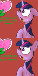 Size: 795x1587 | Tagged: safe, artist:dattebayo681, edit, imported from twibooru, twilight sparkle, oc, oc:anon, human, pony, unicorn, bait and switch, blushing, comic, crying, dialogue, female, floppy ears, frown, happy ending, holiday, male, mare, open mouth, red background, rejection, sad, shivering, simple background, unicorn twilight, valentine's day, wide eyes