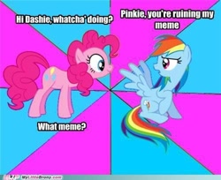 Size: 500x408 | Tagged: safe, imported from twibooru, pinkie pie, rainbow dash, earth pony, pegasus, pony, dialogue, female, mare, meme, meta, mylittlebrony.com