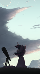 Size: 1098x2000 | Tagged: safe, artist:ncmares, edit, editor:pastthesouthpole, imported from twibooru, twilight sparkle, pony, unicorn, beautiful, cloud, crescent moon, female, looking up, mare, moon, phone wallpaper, scenery, scenery porn, sitting, sky, solo, stargazing, stars, telescope, unicorn twilight, wind, windswept mane, wingless, wingless edit