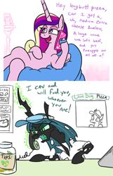 Size: 918x1426 | Tagged: safe, artist:jargon scott, imported from twibooru, princess cadance, queen chrysalis, alicorn, changeling, changeling queen, pony, cadance's pizza delivery, cellphone, crossed legs, dialogue, female, food, glowing horn, hoof hold, horn, levitation, magic, mare, phone, phone call, pizza, prank call, smartphone, telekinesis, yelling